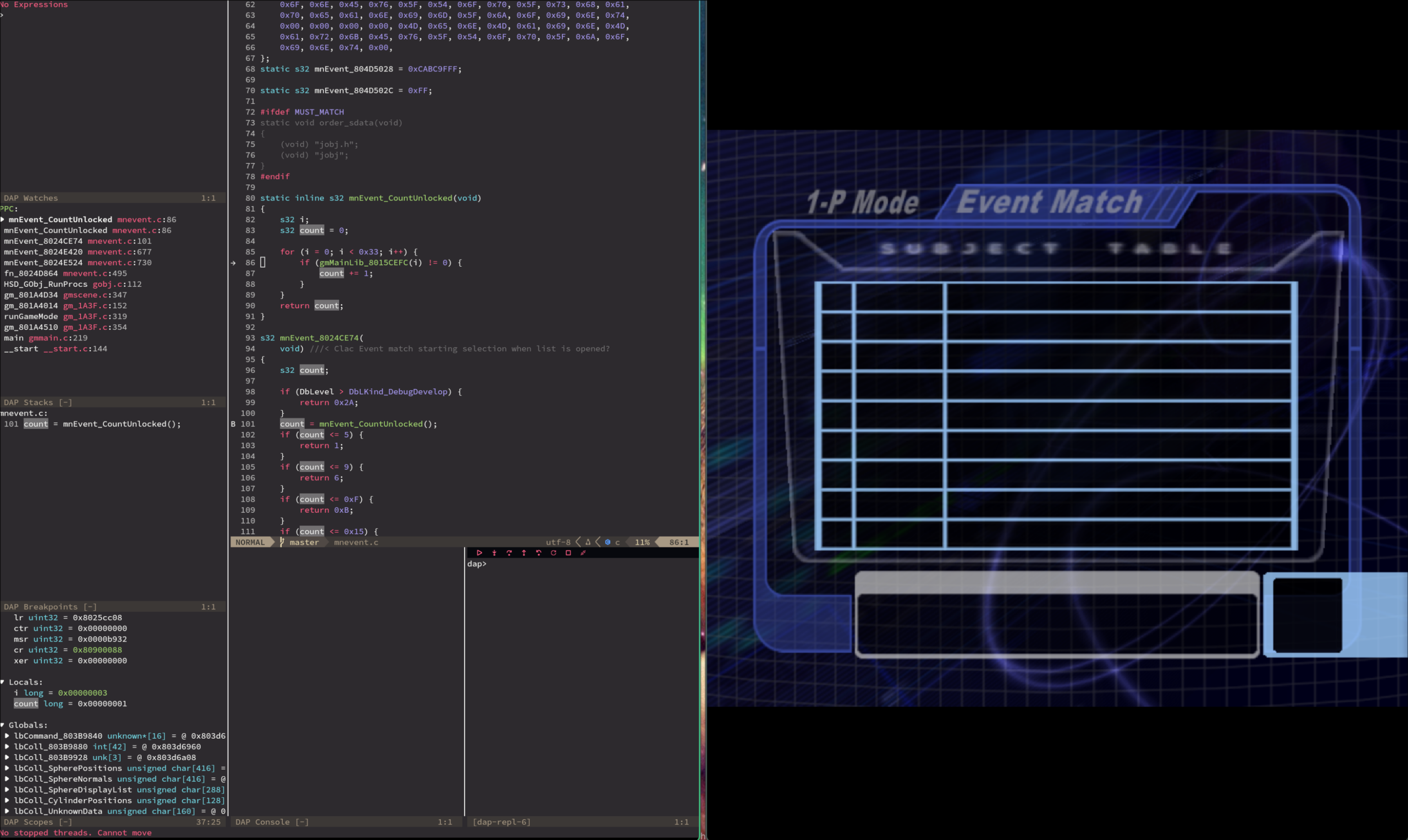 Melee paused at a source breakpoint in Neovim, with the call stack, PowerPC registers, local variables, and global state beside the Event Match screen